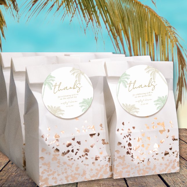 Adesivo Redondo Casamento de Watercolor Tropical Palm Boho Obrigad (Criador carregado)