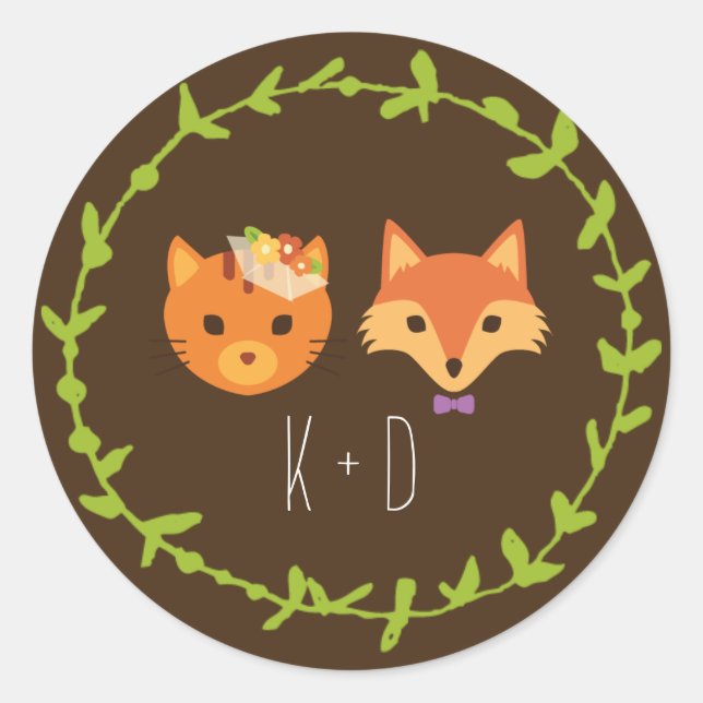 Adesivo Redondo Casamento de Whimsland Woodland Cat & Fox (Frente)