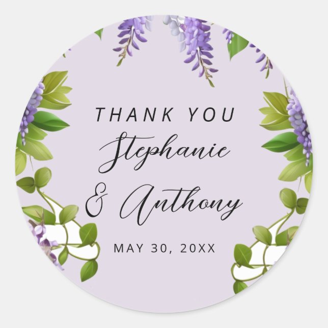 Adesivo Redondo Casamento de Wisteria Púrpura Botânica (Frente)
