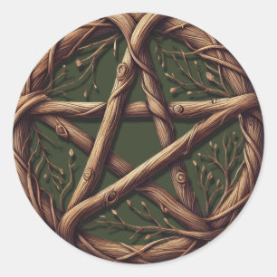 Adesivo Redondo Casamento de Wood Twig Pentacle Olive Green Wiccan