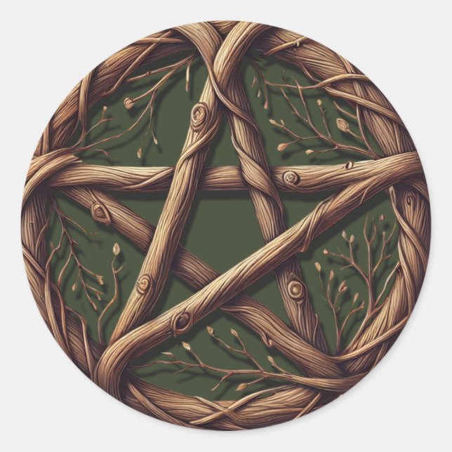 Adesivo Redondo Casamento de Wood Twig Pentacle Olive Green Wiccan (Frente)