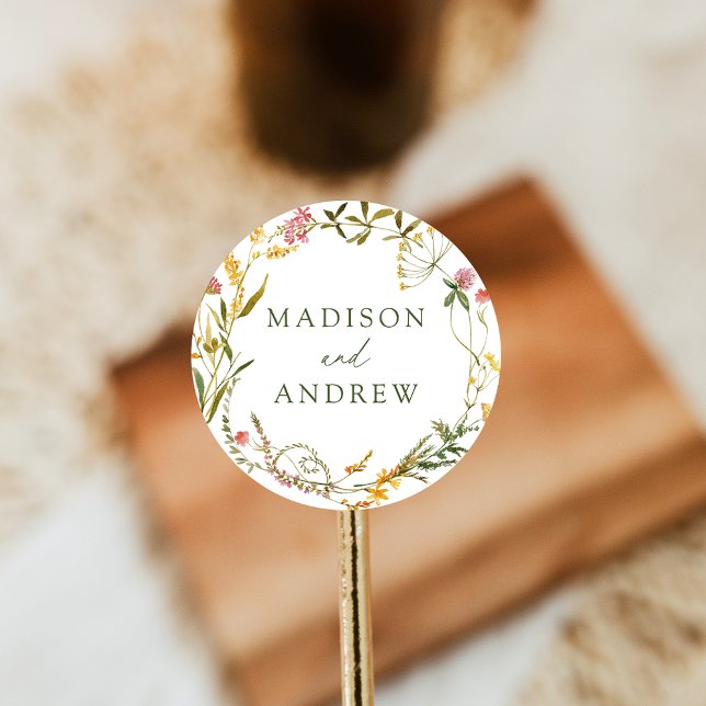 Adesivo Redondo Casamento de Wreath de Flor Selvagem de Verão Eleg (Criador carregado)