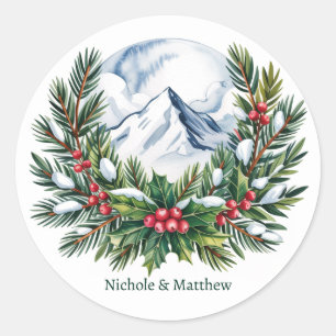 Adesivo Redondo Casamento de Wreath de Pine Snowy