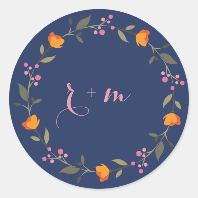 Adesivo Redondo Casamento de Wreath Floral Simulática com Monogram (Frente)