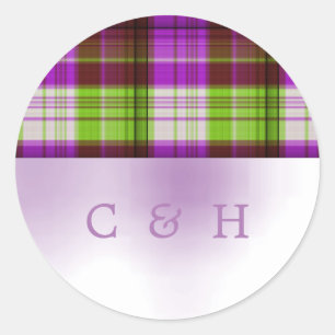 Adesivo Redondo Casamento de Xadrezes de Tartan Verde Roxo