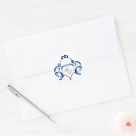 Adesivo Redondo Casamento Delft Monogramas de Crest Blue e White