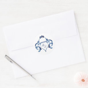 Adesivo Redondo Casamento Delft Monogramas de Crest Blue e White