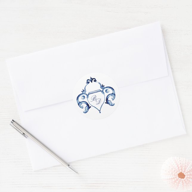 Adesivo Redondo Casamento Delft Monogramas de Crest Blue e White (Envelope)