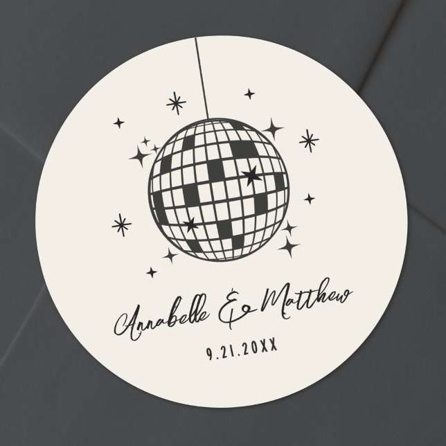 Adesivo Redondo Casamento Desenhado à Mão Disco Retro (Disco Retro Hand Drawn Wedding Classic Round Sticker)
