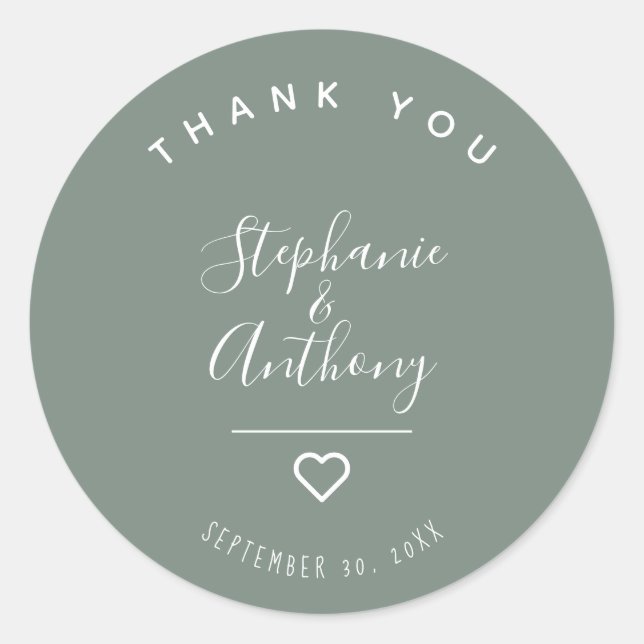 Adesivo Redondo Casamento do Coração Verde Sage Moderno Minimalist (Frente)