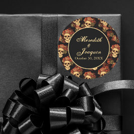 Adesivo Redondo Casamento do Dia das Bruxas Negras com Rosa vermel