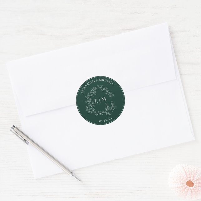 Adesivo Redondo Casamento do Moderno Emerald Green Leafy Crest Mon (Envelope)