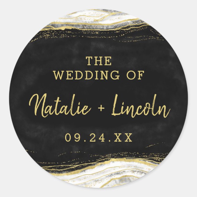 Adesivo Redondo Casamento do Monograma da Agata Geográfica Dourada (Frente)