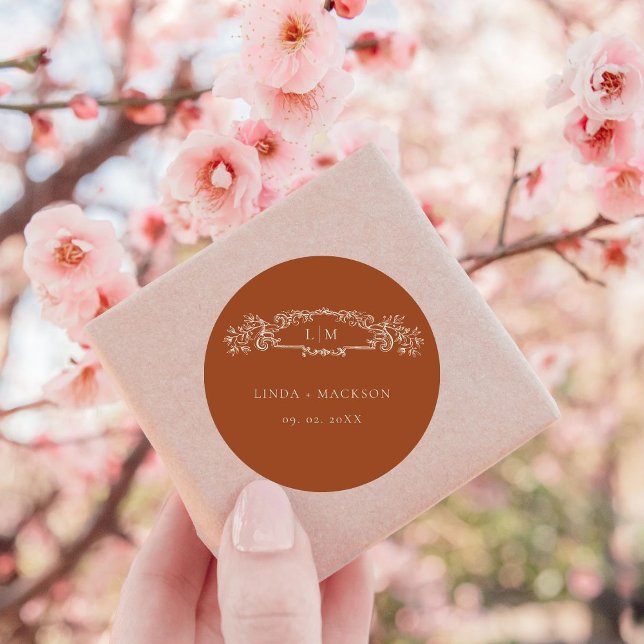 Adesivo Redondo Casamento do monograma da crista botânica de Terra (Criador carregado)