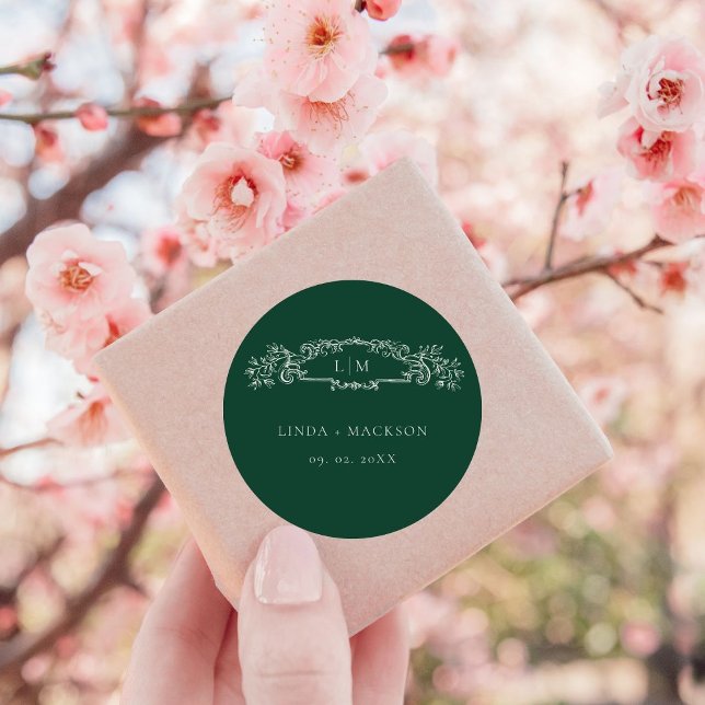 Adesivo Redondo Casamento do monograma da crista botânica Emerald  (Criador carregado)