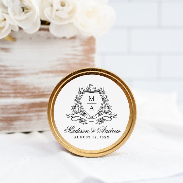 Adesivo Redondo Casamento do Monograma do Prato Floral Negro Elega (Criador carregado)