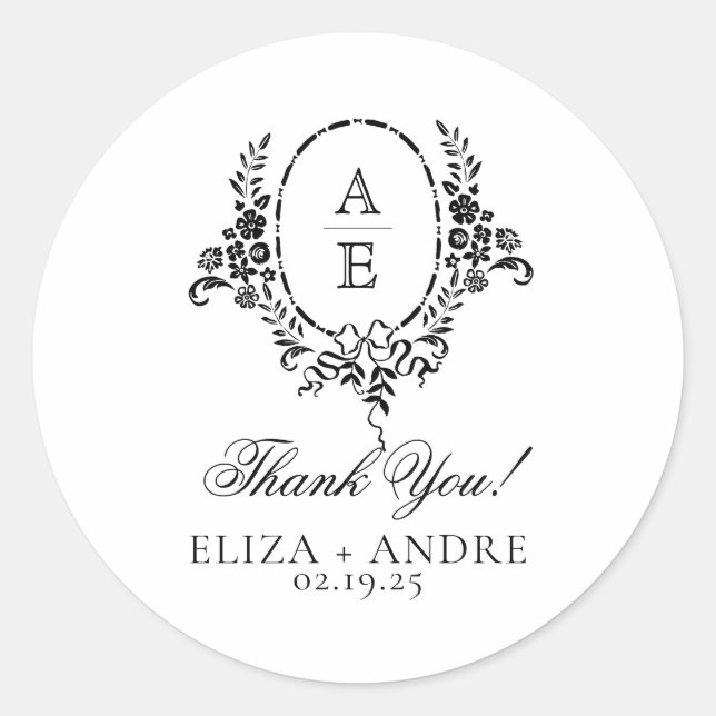 Adesivo Redondo Casamento do Monograma Floral Branco e Preto Elega (Frente)