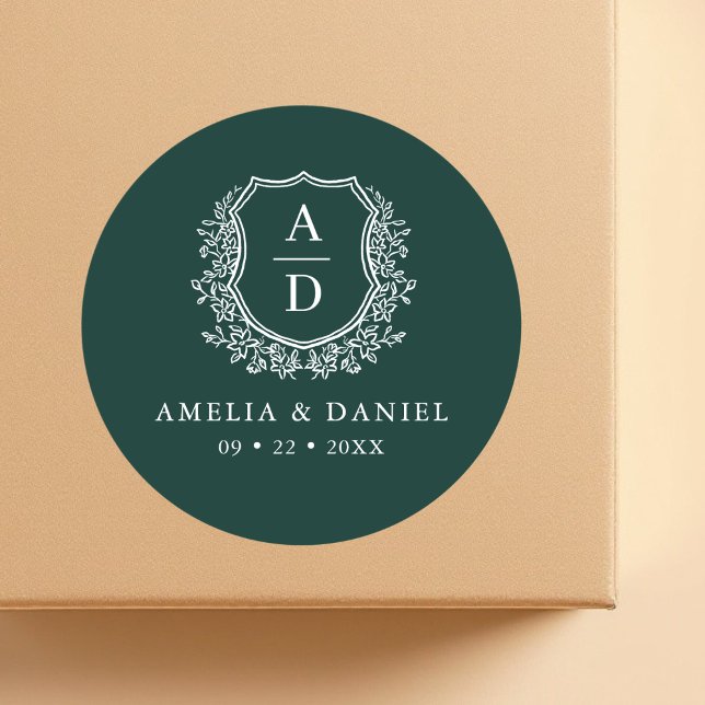 Adesivo Redondo Casamento do Monograma Moderno do Crest Verde Esme (Criador carregado)