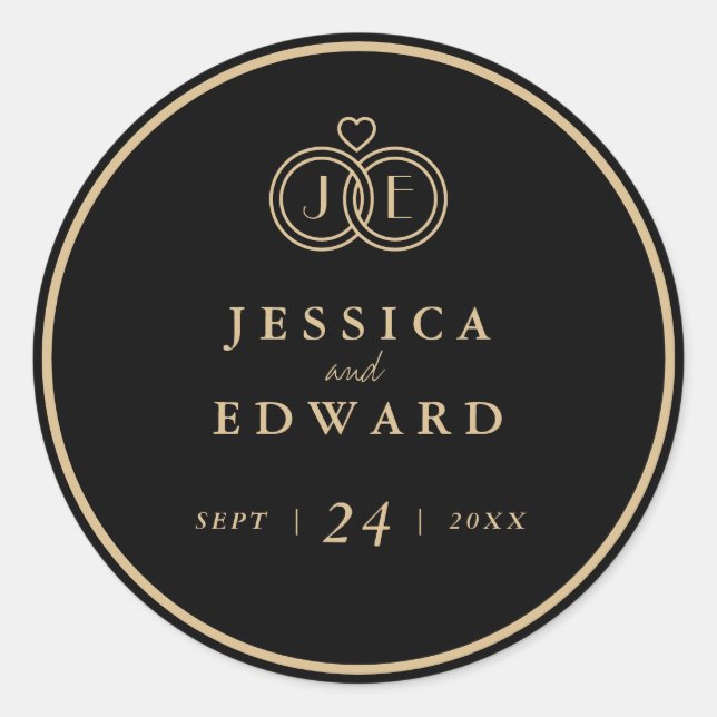 Adesivo Redondo Casamento dos Anéis Dourados Negros de Luxo Monogr (Frente)