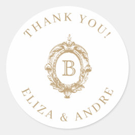 Adesivo Redondo Casamento Dourado Antiquado Monograma Crest