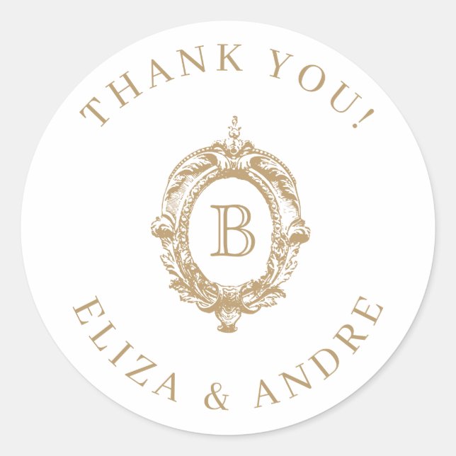 Adesivo Redondo Casamento Dourado Antiquado Monograma Crest (Frente)