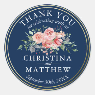 Adesivo Redondo Casamento Dourado Azul Floral Azul Marinho De Água