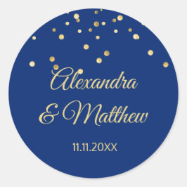 Adesivo Redondo Casamento Dourado Azul-Marinho Personalizado