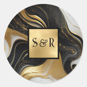 Adesivo Redondo Casamento Dourado, Branco Negro Marmoreado