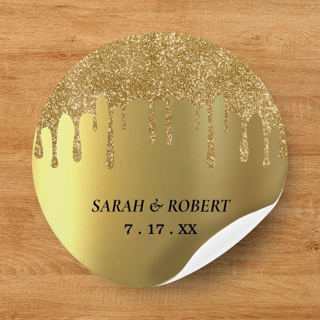 Adesivo Redondo Casamento Dourado com Lixo (Gold Glitter Drip Wedding Classic Round Sticker
)