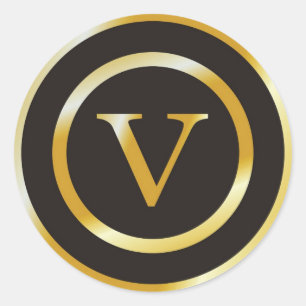 Adesivo Redondo Casamento Dourado com Monograma Inicial V