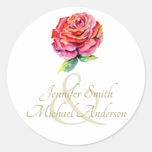 Adesivo Redondo Casamento Dourado com Rosa vermelha indulgente (Frente)