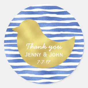 Adesivo Redondo Casamento Dourado com Stripes Azuis Personalizadas