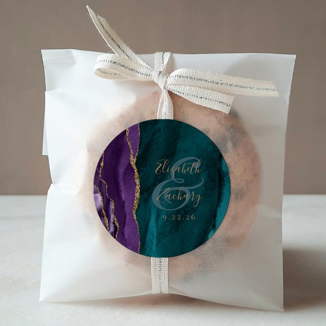Adesivo Redondo Casamento Dourado com Teal Roxo de Script de Agato (Criador carregado)