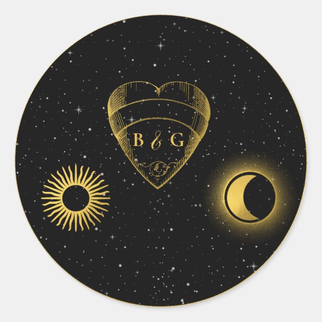 Adesivo Redondo Casamento Dourado das Estrelas Celestiais Crescent (Frente)