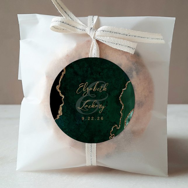 Adesivo Redondo Casamento Dourado de Arte de Escrita Emerald Green (Criador carregado)