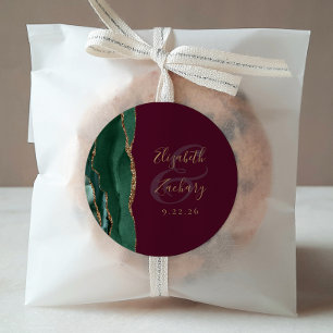 Adesivo Redondo Casamento Dourado de Burgundy do Script Verde Agat