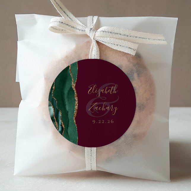 Adesivo Redondo Casamento Dourado de Burgundy do Script Verde Agat (Criador carregado)