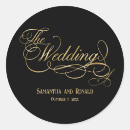 Adesivo Redondo Casamento Dourado de caligrafia Elegante Black and