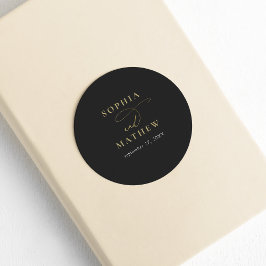 Adesivo Redondo Casamento Dourado de Caligrafia Negra Moderna