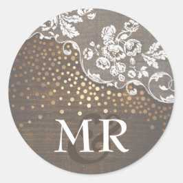 Adesivo Redondo Casamento Dourado de Confetti Barn com Lace Rustic