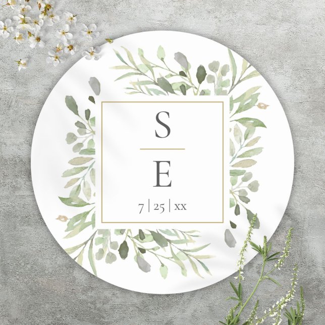 Adesivo Redondo Casamento Dourado de Folhagem de Monograma Greener (Monogram Greenery Foliage Gold Wedding Classic Round Sticker)