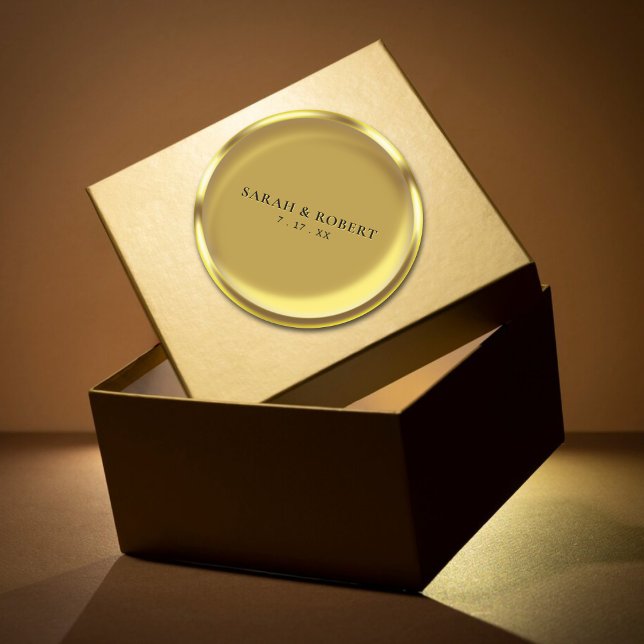Adesivo Redondo Casamento Dourado de luxo elegante com moedas (Gold Coin Elegant Luxury Wedding Classic Round Sticker)