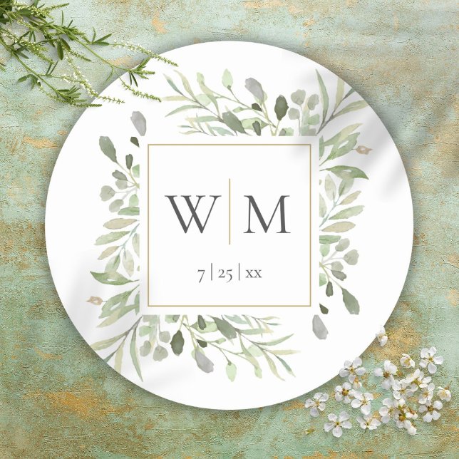 Adesivo Redondo Casamento Dourado de Monograma Elegante Greenery (Monogram Elegant Greenery Gold Wedding Classic Round Sticker)