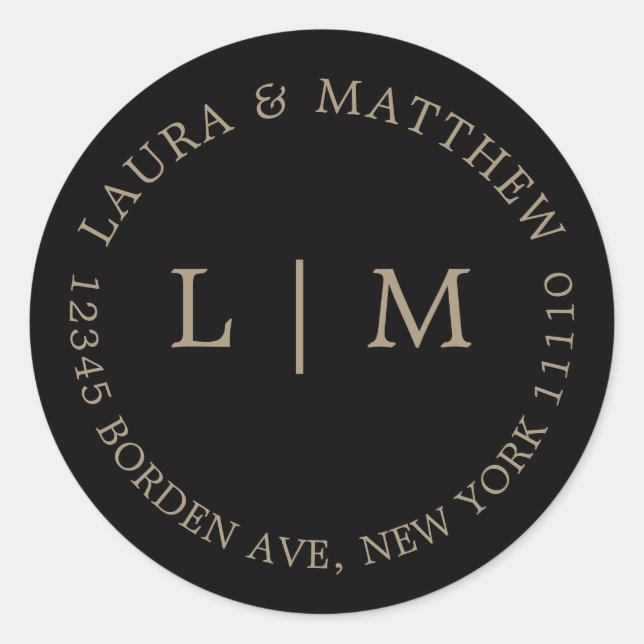 Adesivo Redondo Casamento Dourado de Monograma Negro (Frente)