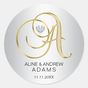 Adesivo Redondo Casamento Dourado de Monogramas de Prata Elegante