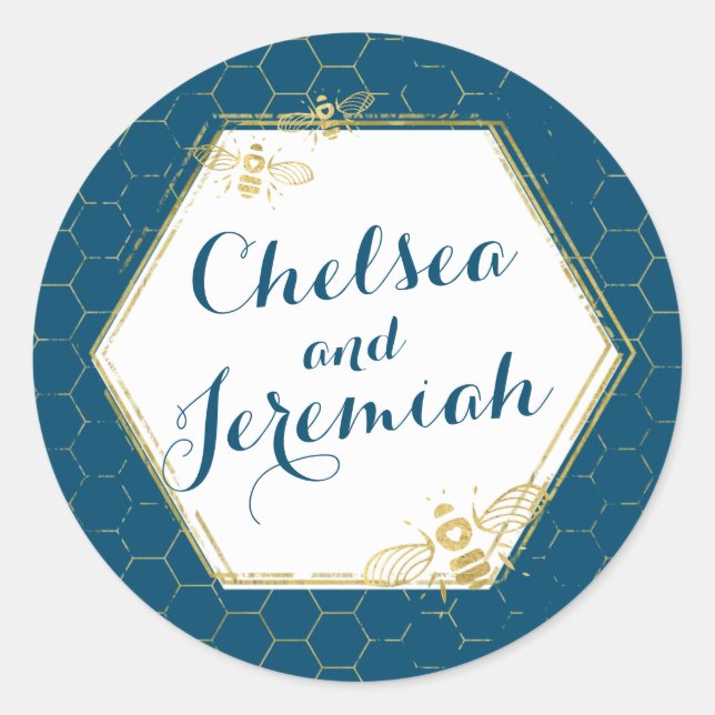 Adesivo Redondo Casamento Dourado de nome personalizado de mel de  (Frente)