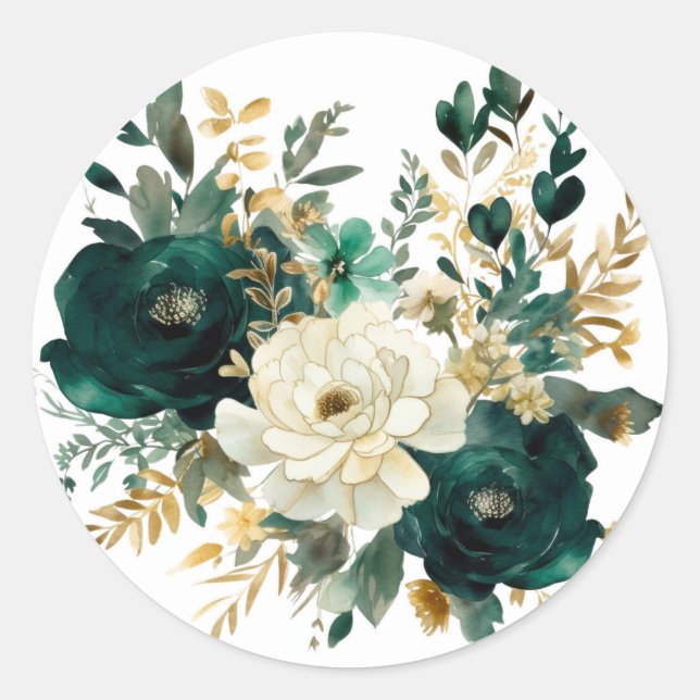 Adesivo Redondo Casamento Dourado de Peonies Emerald Green e White (Frente)