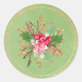 Adesivo Redondo Casamento Dourado de Poinsettia Red Berry de Natal