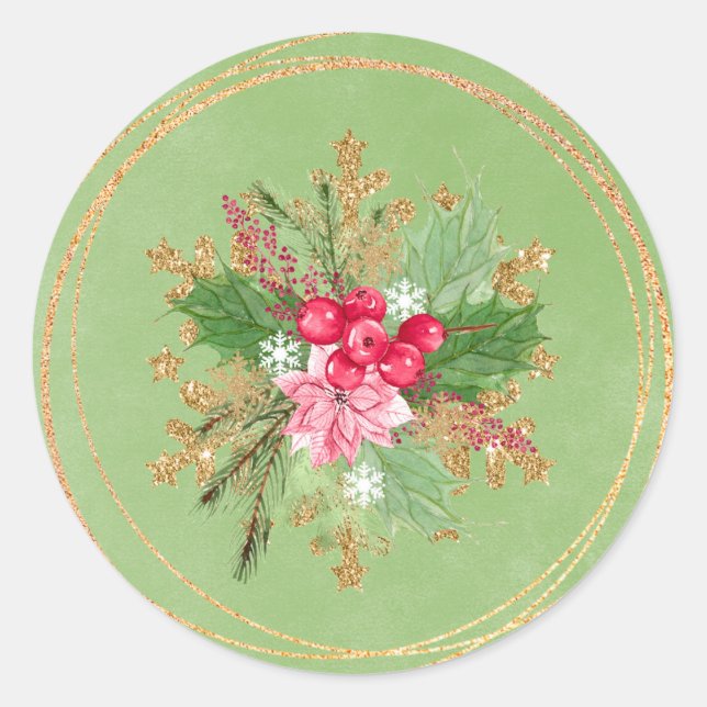 Adesivo Redondo Casamento Dourado de Poinsettia Red Berry de Natal (Frente)
