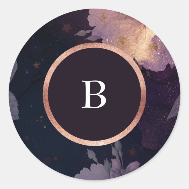 Adesivo Redondo Casamento Dourado de Rosa Floral Roxo Escuro Elega (Frente)